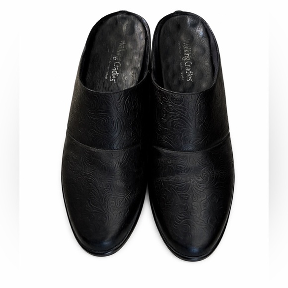 Walking Cradles Shoes - Walking Cradles Caden Black Leather Mule Clog 7 Comfort Embossed Floral